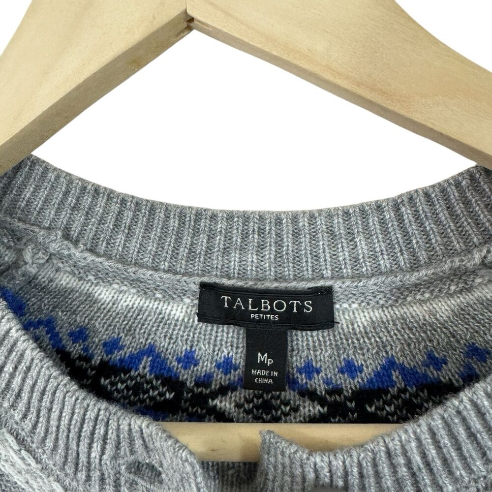 Talbots Petites Medium MP Cardigan Sweater Nylon Lambswool Gray Fair Isle Womens - Picture 5 of 14
